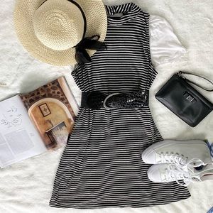 Black and White Stripped Mock Neck Dress